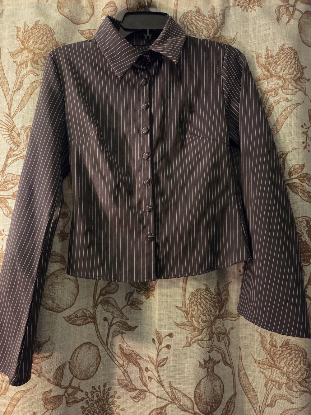 Striped Long-Sleeve Button Front Crop Shirt - Gray and White